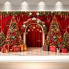 Christmas Red Curtain Backdrop Xmas Tree Arch Gifts Red Bow Holiday Photography Background for Party Photo Booth Decoration