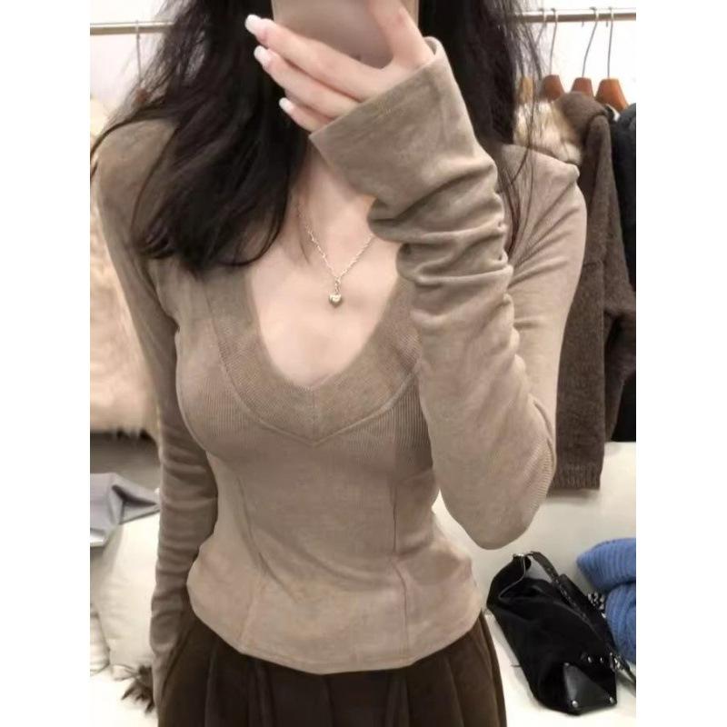 Pure Desire Sexy V-neck Front Shoulder Long-sleeved T-shirt Women's Autumn and Winter Korean Version Slim-fit Inner Bottoming Shirt Velvet Warm Tide