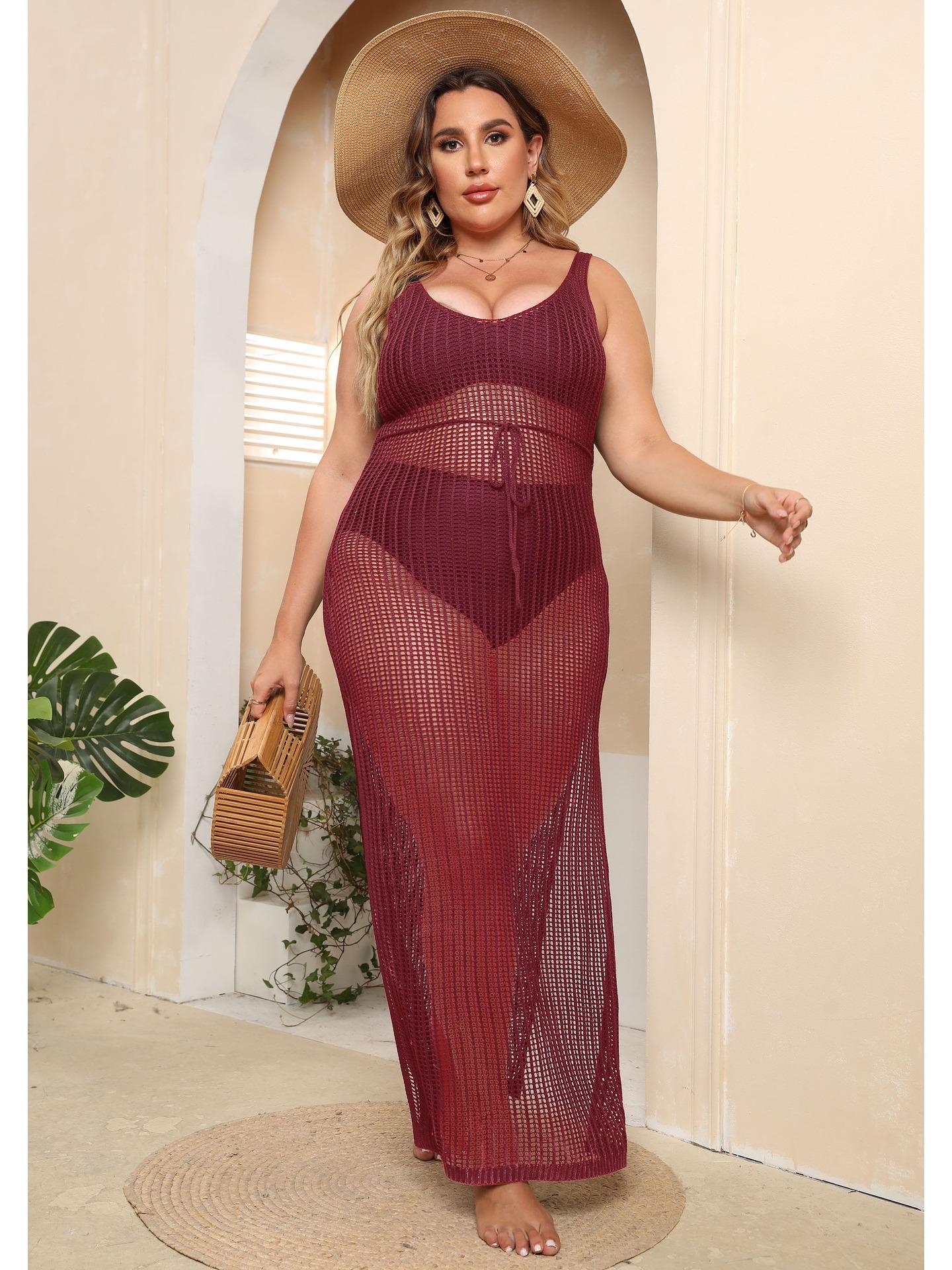 

Жіночі купальні костюми Perspective Plus Size Beach Cover Up 2024 Парео Mujer Жіночі сексуальні пляжні сукні Однотонні парео De Playa Mujer 2024 Bikini Cover-up 3XL вина червоного кольору