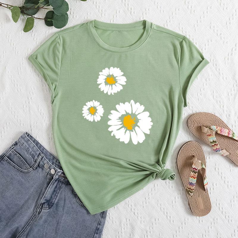 Sommer Damen T-Shirts mit Drei-Gänseblümchen-Print, locker, Rundhalsausschnitt, lässig, reine Baumwolle, kurzärmelig, Damen