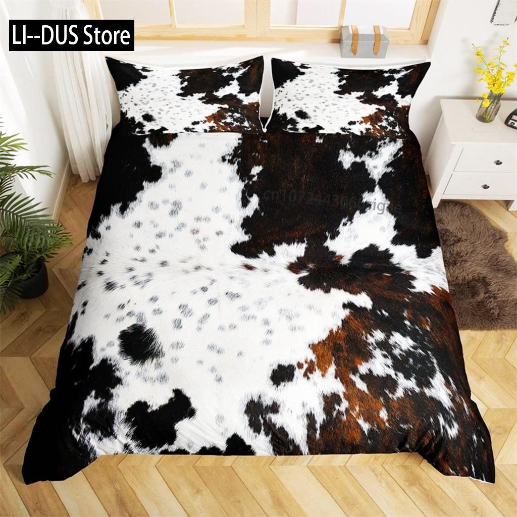 Brown Cowhide Duvet Cover Patchwork Cow Fur Farm Animal Bedding Set Western Farmhouse Retro Style Quilt Cover For Bedroom Decor