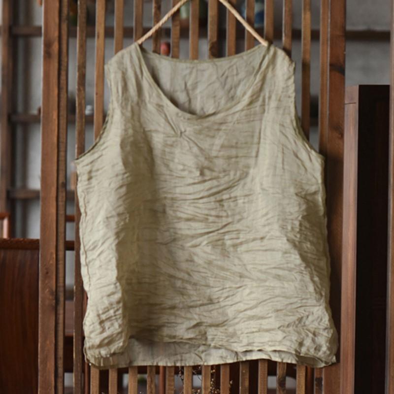 Johnature Women Vintage Tank Tops Solid Color O-Neck Cloths Summer Loose Casual Women Tank