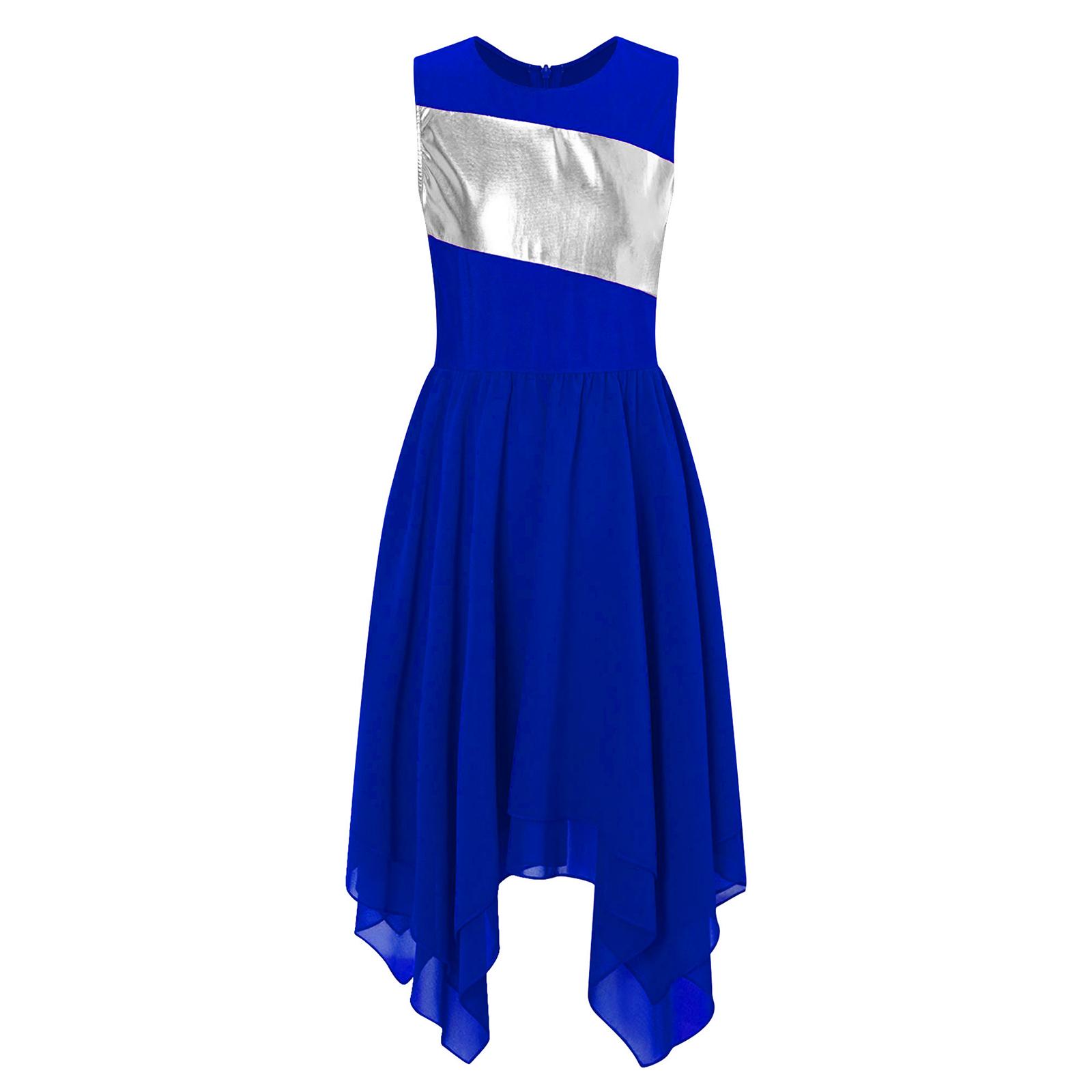 

Дівчата Поклоніння Літургійне Святкування Костюм Колірний Блок Без рукавів Асиметричний Поділ Сукня для Ліричного Танцю 5-6 Years королівський синій колір