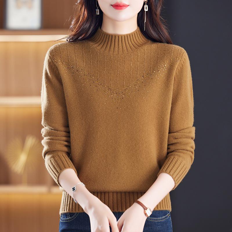 Women's Thick 100% Pure Wool Half-High Collar Sweater - New Autumn/Winter Style for Middle-Aged and Elderly