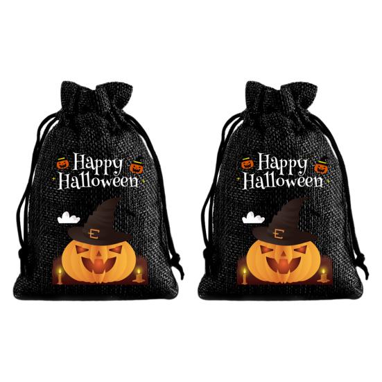 Handmade Style Party Bags 2Pcs Halloween Pumpkin Drawstring for Candy Treats, Retro Burlap Festival Totes Trick or Treat Bags, Portable Goodie