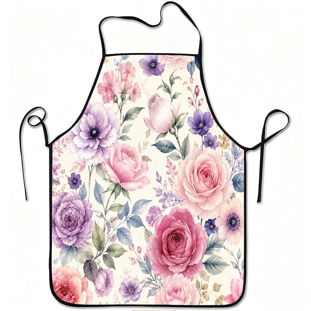 1pc Elegant Pink And Purple Floral Print Apron, Durable And Easy To Clean, Adjustable Waistband, Polyester Material, for Kitchen Cooking, Gardening, O