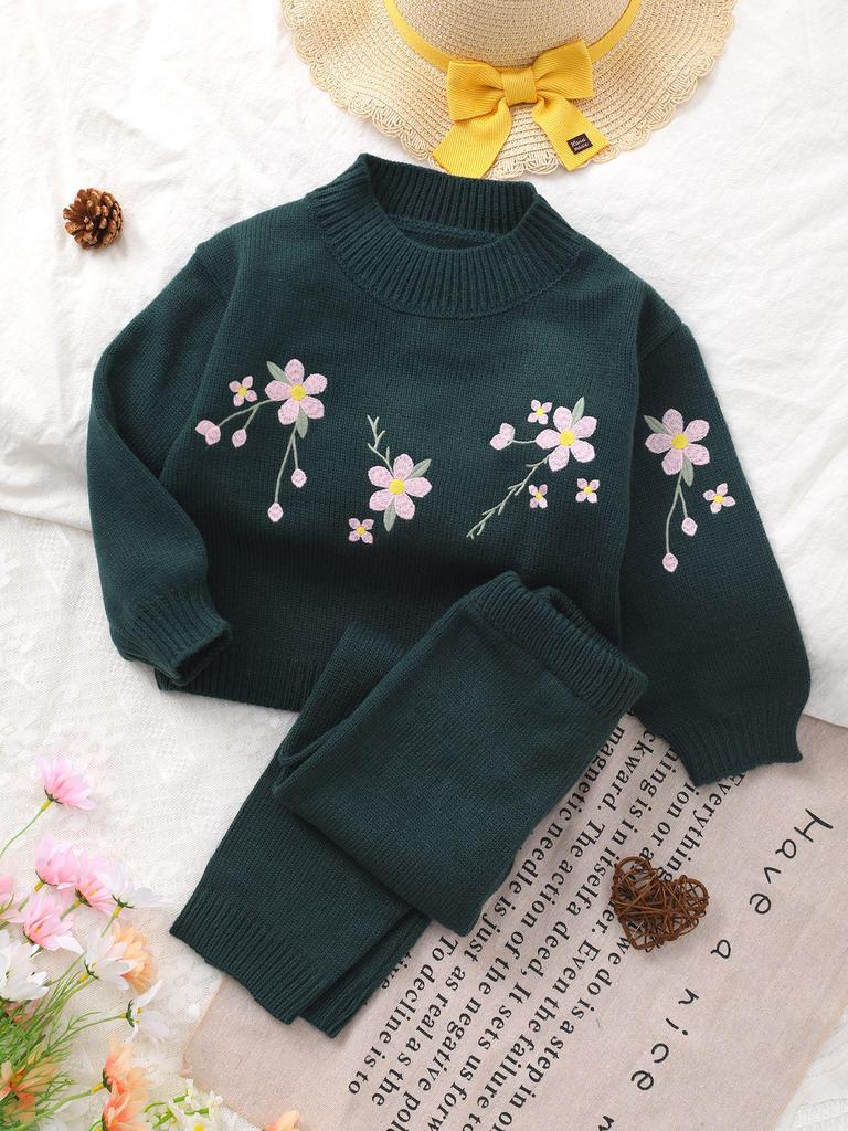 2023 Fall/Winter Floral Pattern Knit Sweater Set for Girls
