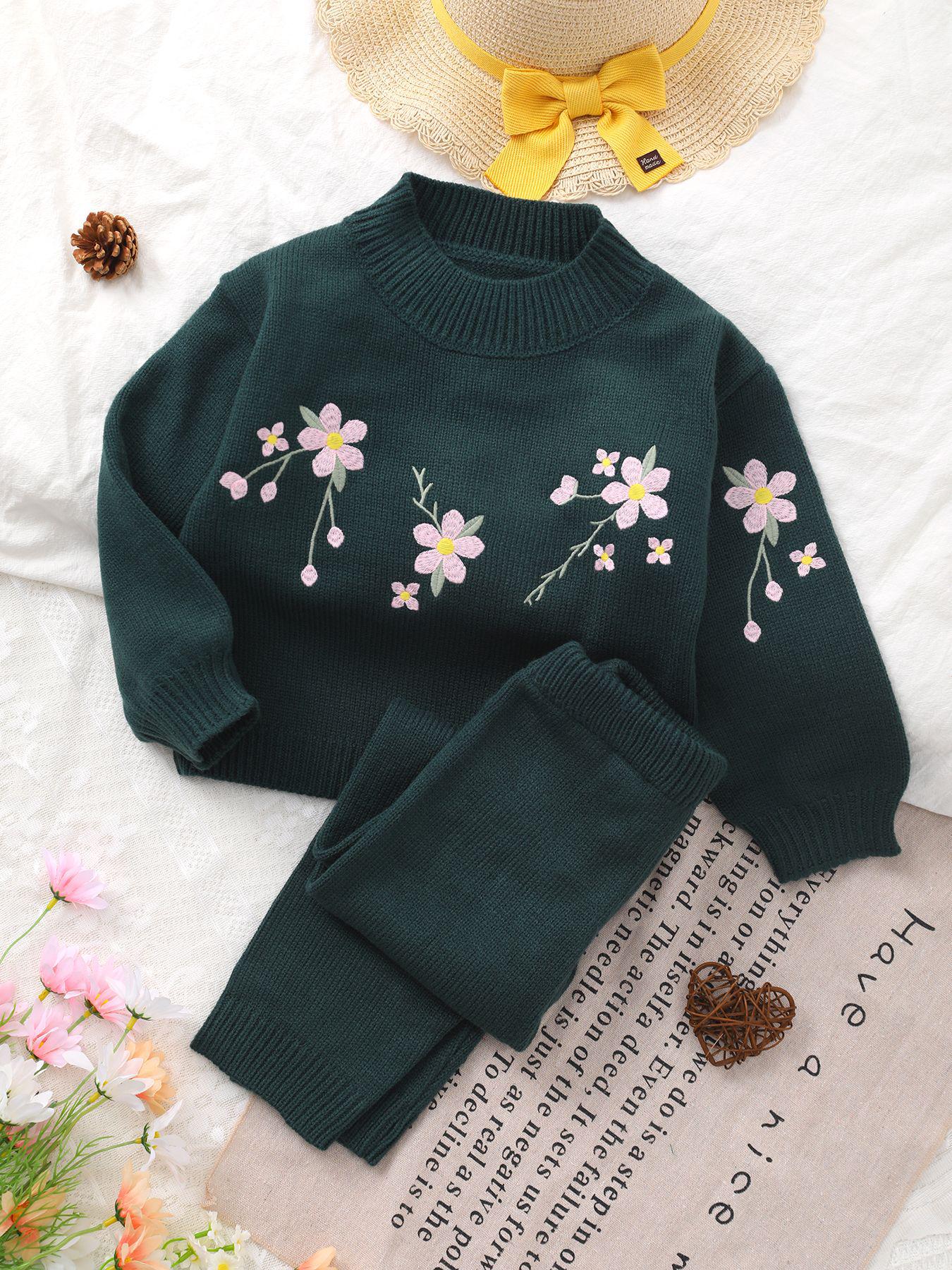

2023 Fall/Winter Floral Pattern Knit Sweater Set for Girls 7 Years темно-зелений колір
