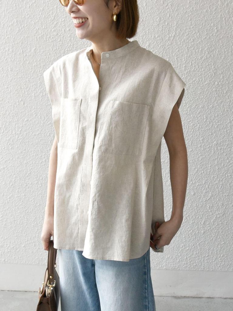 Ships Any Machine Washable Linen and Cotton Band Collar French Sleeve Pocket Shirt 721110069 Natural One Size