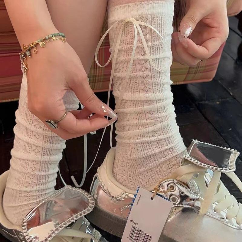 

Summer Thin Solid-color Pile Socks, Breathable Women s Socks, Mid-calf Socks, Slimming Socks, Short Socks, Bow Print Socks 1 pair