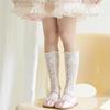 Girls Over The Knee High Socks Retro Stripes Hollow Mesh Cute Bowknot Princess Baby Kids Long Stockings