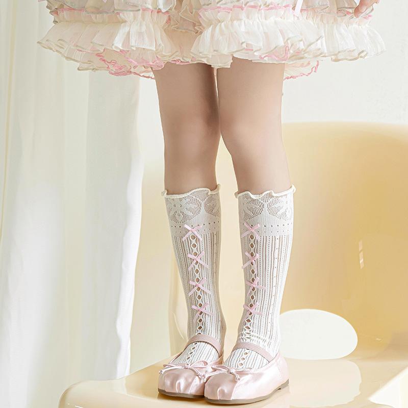 Girls Over The Knee High Socks Retro Stripes Hollow Mesh Cute Bowknot Princess Baby Kids Long Stockings