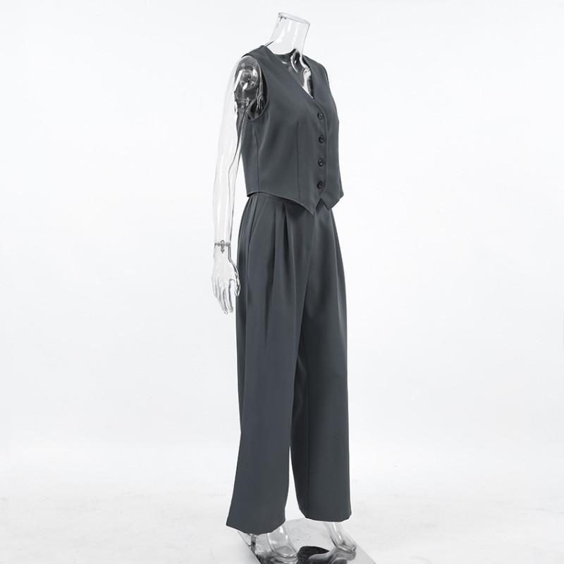 Womens 2026 Business Casual 2-Piece Set Sleeveless Blazer Vest Long Pants Solid Color Office Wear