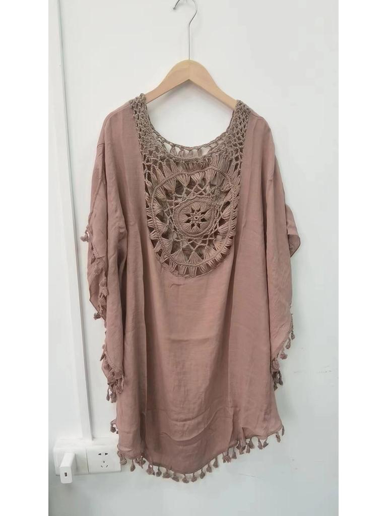 2021 Plus Size Off-Shoulder Tassel Cutout Beach Cover-up