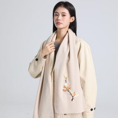Embroidered 100 Wool Scarf, Solid Color Shawl, Versatile Autumn and Winter Scarf, Simple Tassel Red Scarf