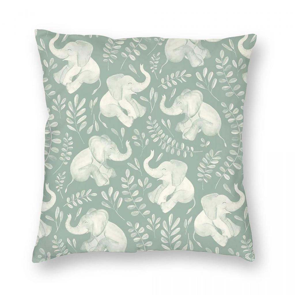 Laughing Baby Elephants Sage Green Square Pillowcase Polyester Linen Velvet Creative Zip Throw Pillow Case Sofa Cushion Cover