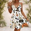 Women Plus Size V Neck Strappy Sleeveless Sugar Skull Floral Printed Gathered Waist Flared Dress
