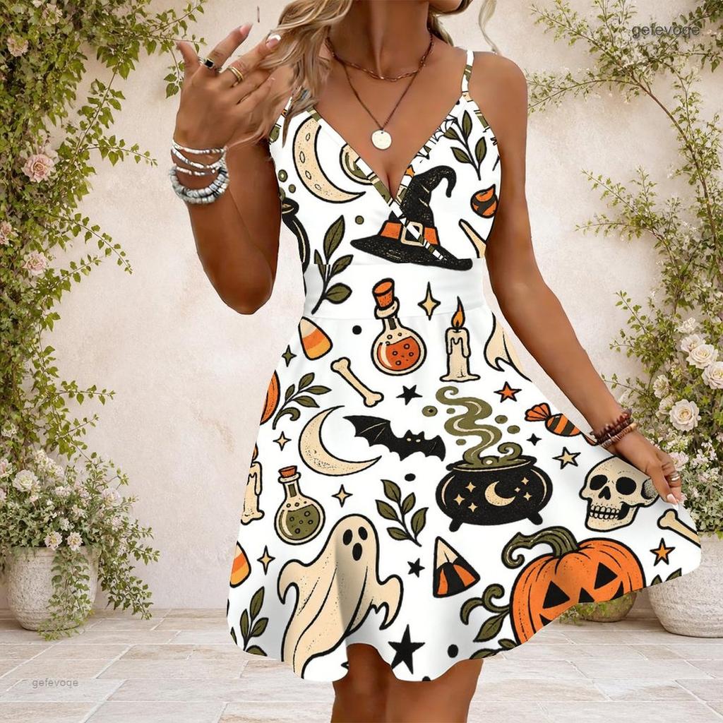 Women Plus Size V Neck Strappy Sleeveless Sugar Skull Floral Printed Gathered Waist Flared Dress