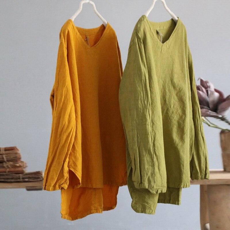 Johnature Women T-Shirts Loose Linen Solid Color Vintage Flax Spring Solid Color V-Neck Long Sleeve Loose T-Shirts
