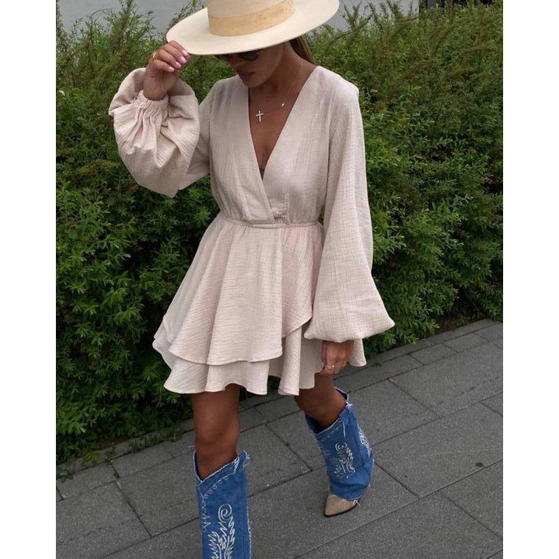 

Irregular Short Skirt New European and American Women Versitile Fashion Design Sense Dress Waist Hugging Short dress Apricot pink XL