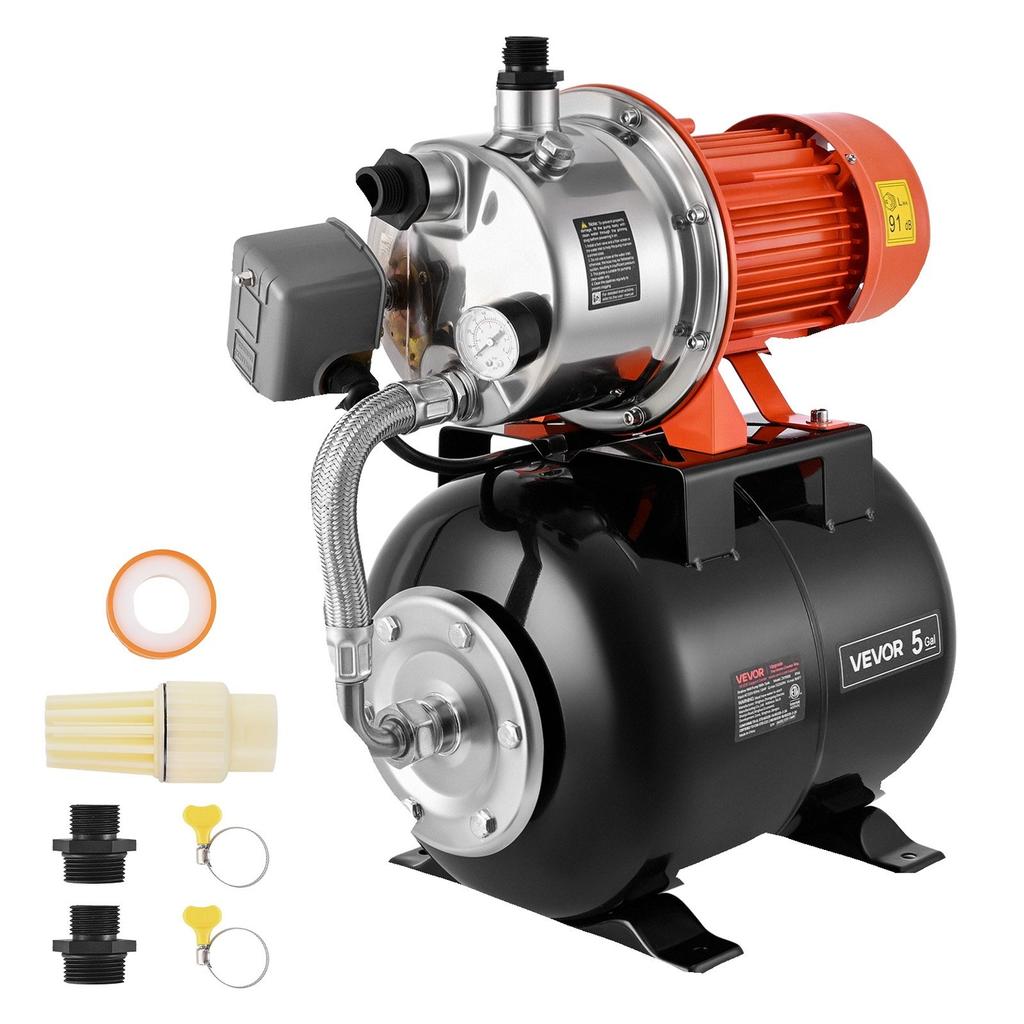 1,6 PS Flachbrunnenpumpe mit Druckbehälter, 230V 5000 LPH, Bewässerungs-Jetpumpe aus Edelstahl mit 19L Tank, Automatisches Wasserfördersystem, 1,4-2,8