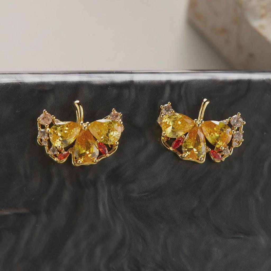 Ginkgo Leaf Zircon Glimmering Ear Clip Earrings
