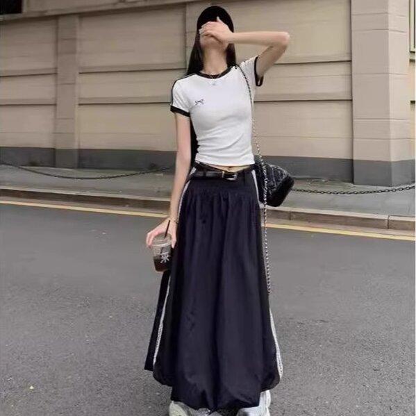 Contrast Embroidered Bow Crop Top Women Casual Striped Print Short Sleeve Slim White T Shirts Casual Streetwear Y2k Tees