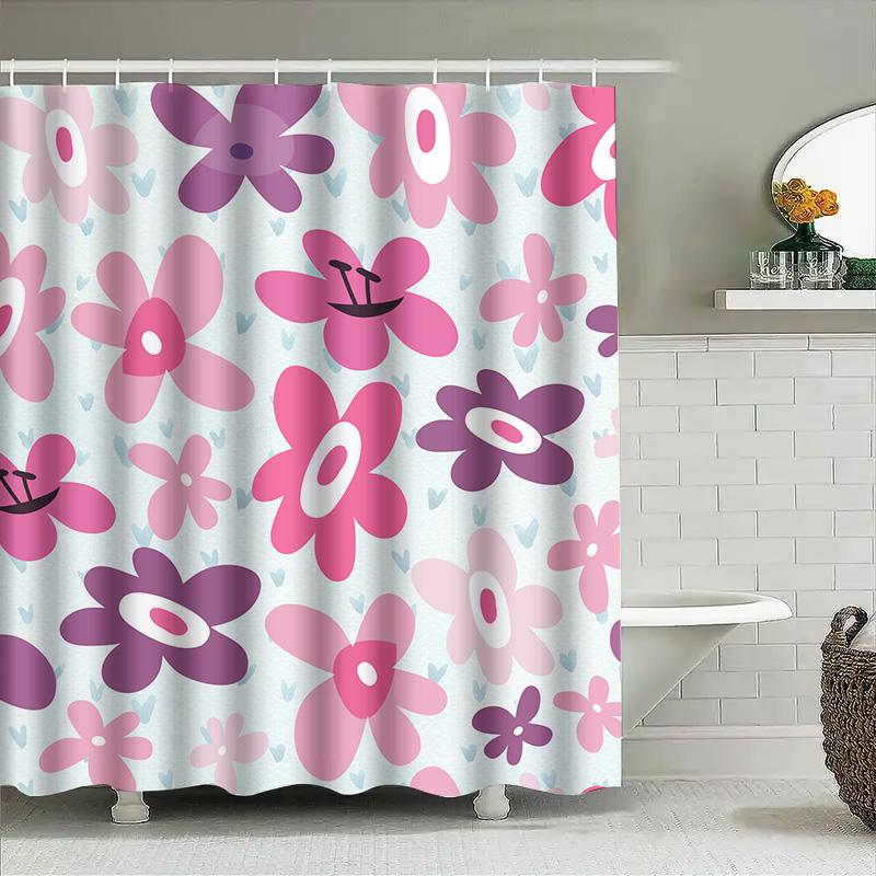 Vibrant Floral Print Bath Shower Curtain Set For Home Decor Pink Purple White Blue Fabric Waterproof Window Sheer