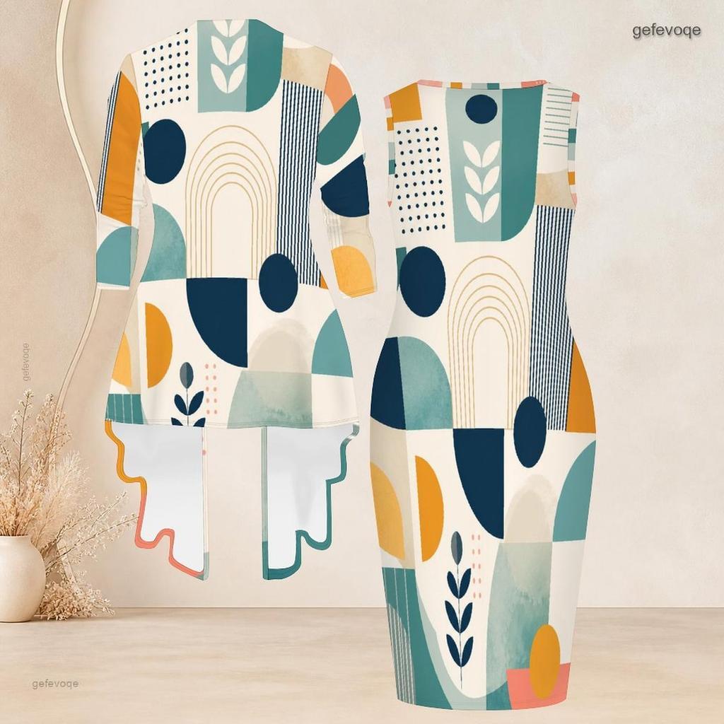 Women Plus Size Two Piece Set Printed Sleeveless Bodycon Dress Long Sleeve Open Cardigan Black Golden