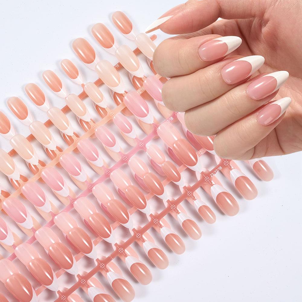 120/150pcs Nude French Almond Tips Press on Nails Pre-applied Tip Primer Soft Gel Tips 15 Sizes Short Extension Tip 17-24mm