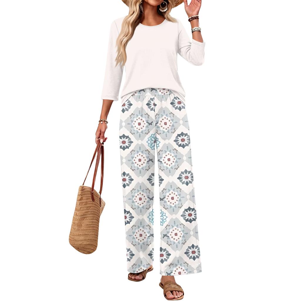 Women's Casual Fashion Round Neck Loose Fit Printed Three Quarter Sleeve Top with Wide Leg Printed Pants Set Comfortable Loungewear