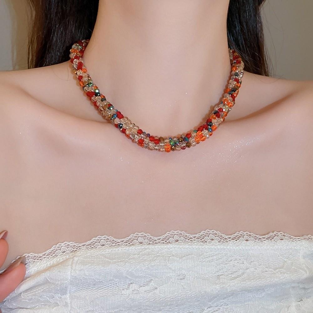 Colored Glass Bead Women's Neck Chain Magnetic Openable Retro Lovers Choker  Travel