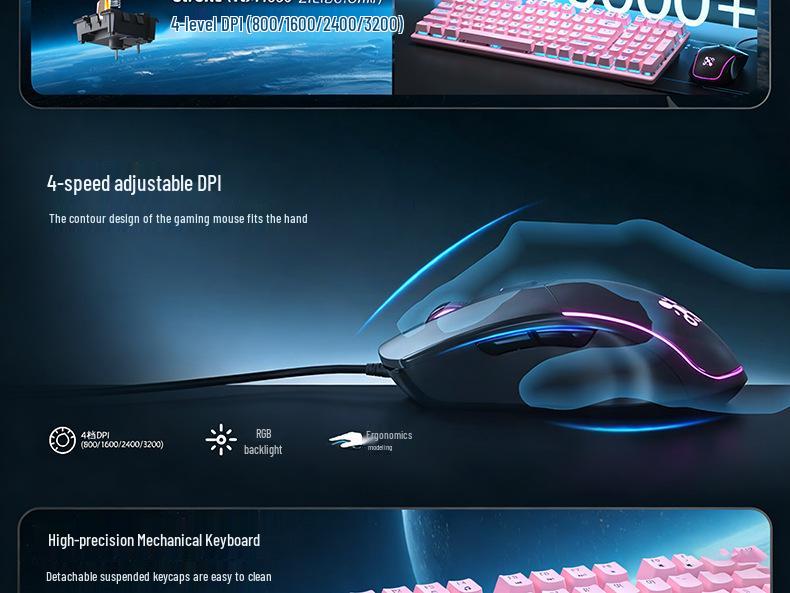 Dynamic Luminous Wired Mechanical Keyboard & Silent Gaming Mouse Set, Three-Mode for Office & Gaming.