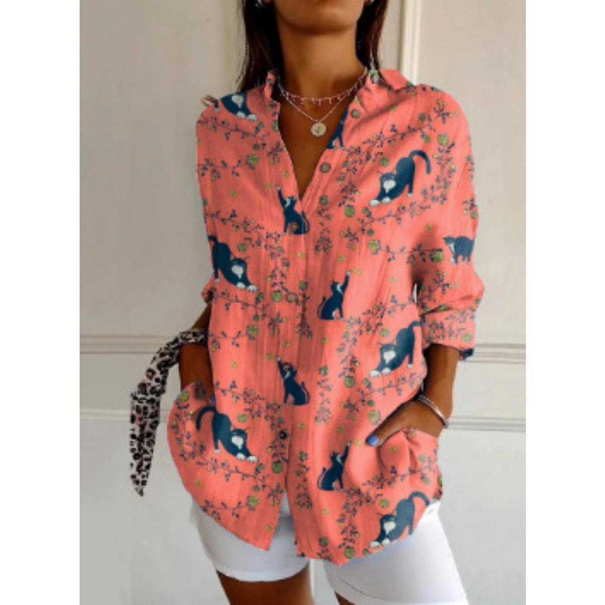 

Жіноча, Повсякденна, З довгим рукавом, Сорочка на ґудзиках, Квітковий принт, Можна прати в машині, Повсякденний, Вільний крій 2XL