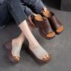 Johnature Genuine Leather Thick Soles Peep Toe Shoes Women Vintage Wedges Slides Outdoor Platform Slippers