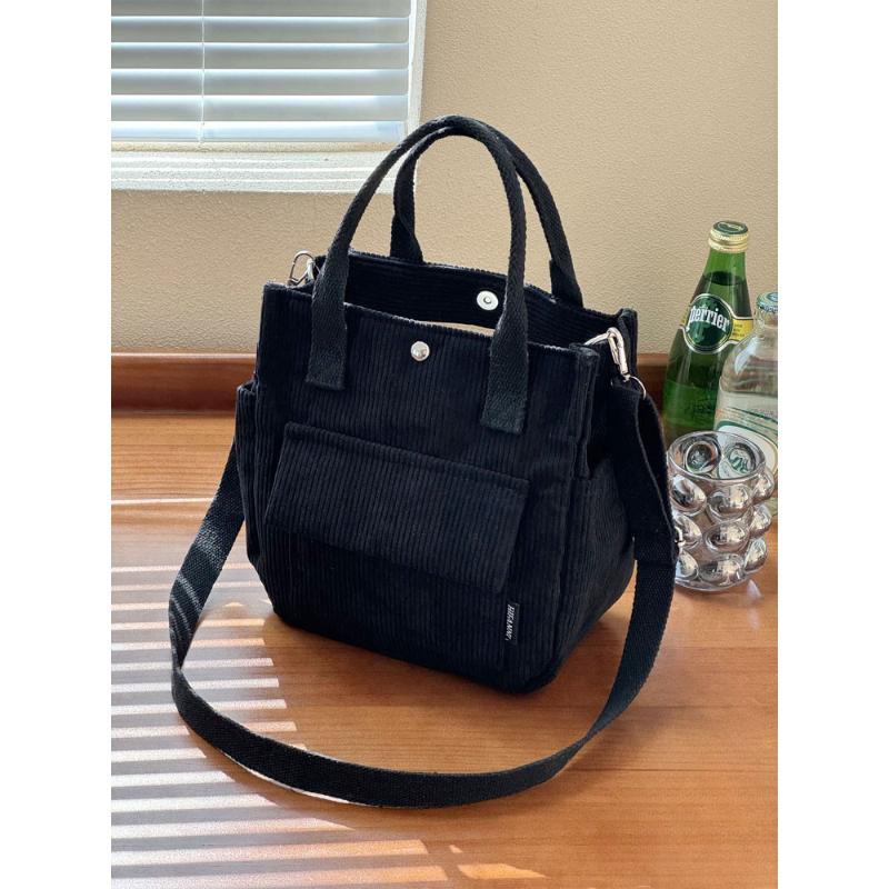 Literary Corduroy Multi-pocket Hand-carried Cross-body Tote Bag for Students Simple and Versatile Portable Lunch Box Bag