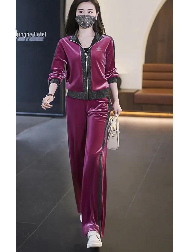 Set sportiv de damă din catifea, două piese, Primăvară/Toamnă 2025 - Îmbrăcăminte casual la modă care sfidează vârsta