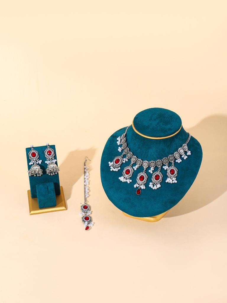 Indian Style Rhinestone Gemstone Three-Piece Set: Oval Necklace, Earrings & Headwear