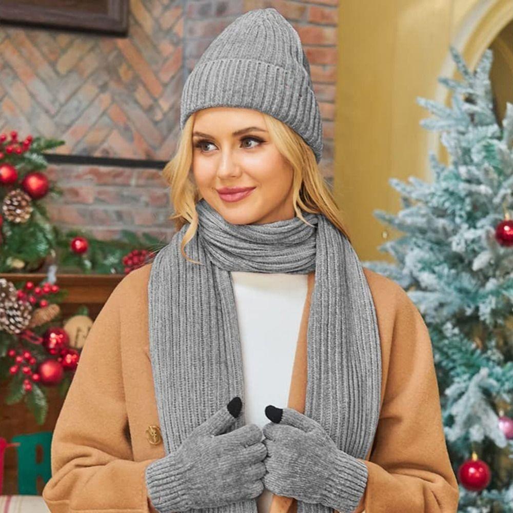 3 In 1 Knitted Cap Solid Color Touchscreen Gloves Simple Winter Cable Beanie Hat for 3Pcs/Set Gifts