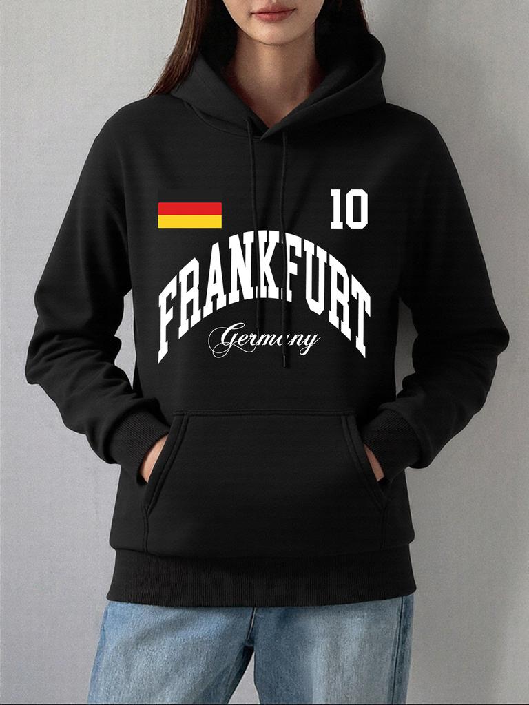 Frankfurt Deutschland Flagge Druck Hoodies Damen Bequeme Lockere Pullover Fleece Warm Weiche Sweatshirts Lässige Taschen Kleidung