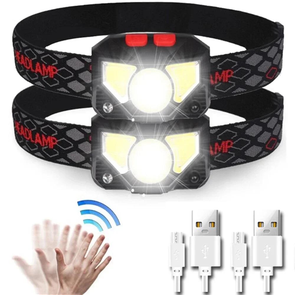 8 Modes Handfress Motion Sensor Powerful LED Headlight Headlamp Head Lamp COB Flashlight Torch Head Light For Camping, Fishing
