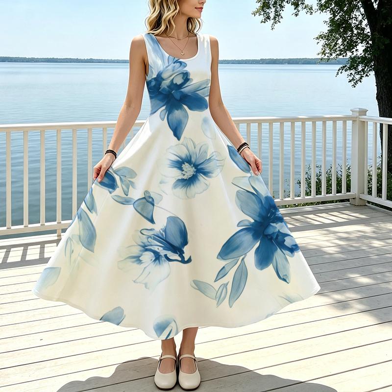 Women's Sleeveless A-Line Maxi Dress,Lightweight Fresh Blue & White Print Beach Vacation Dress,Summer Casual Fashion