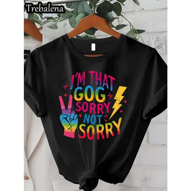 European size , GIGI Text Print Women's T-Shirt Casual Round Neck Spring/ Summer Top Short Sleeve