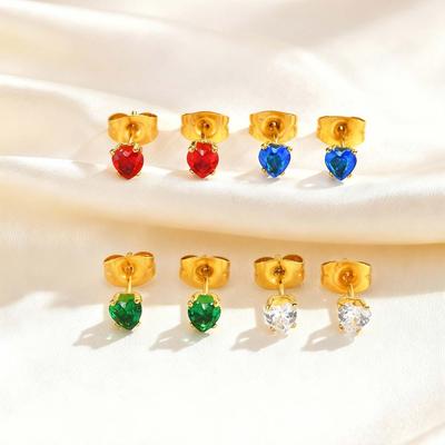 Exquisite Colorful Crystal Zircon Heart Stainless Steel Small Stud Earrings for Women, Hypoallergenic Luxury Jewelry Gift