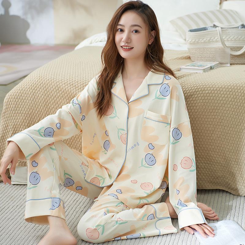 Pajamas Women's Spring and Autumn 100% Pure Cotton Long-sleeved Thin 1011 New Spring and Summer High-end Loungewear Set