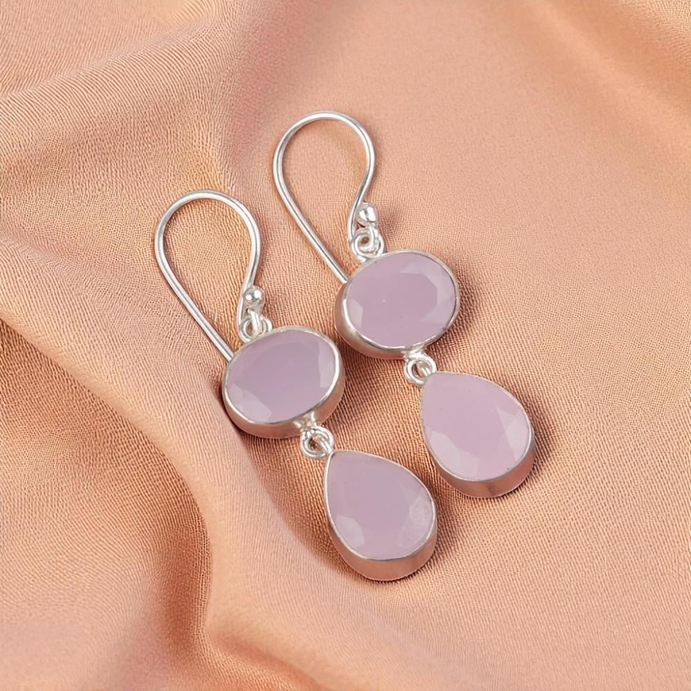 Rose Chalcedony Gemstone 925 Sterling Silver Jewelry Handmade Earrings1.88" Gift EE-73-17