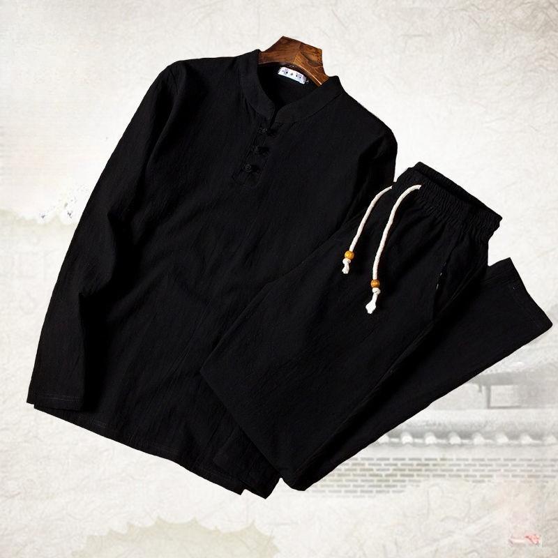 Linen Suit Men's Loose-fit Mid-age Senior Citizen Wardrobe Long Sleeve Spring Autumn Trousers Style Father Son Cotton Linen Suit
