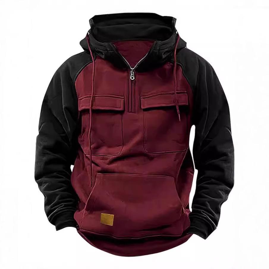 European-American Raglan Sleeve Half-Zip Men's Multi-Pocket Workwear Hoodie