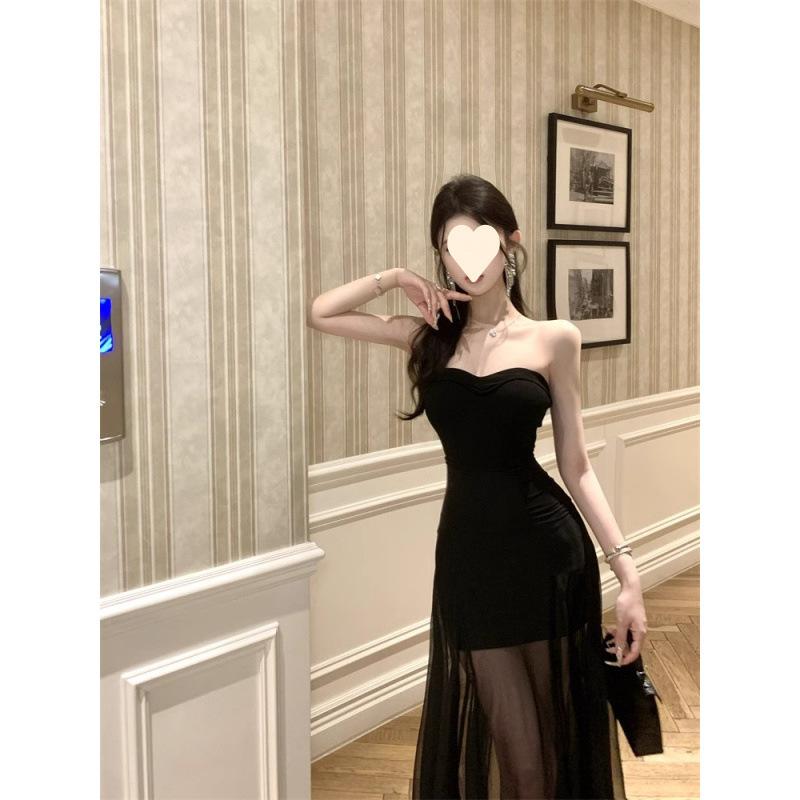 Temperament high-grade black Spice Girl mesh design tube top dress splicing backless summer new slim-fit medium and long dress