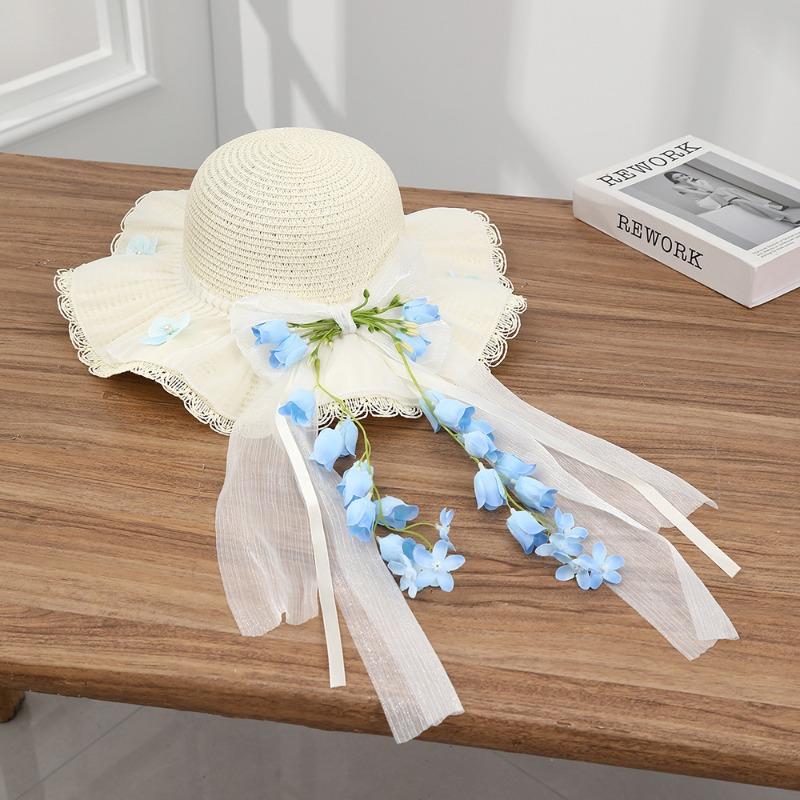 Summer Bow Sun Hat Female, Seaside Beach Vacation Sun Hat Outdoor Big Brim Sun Hat Sweet Straw Hat